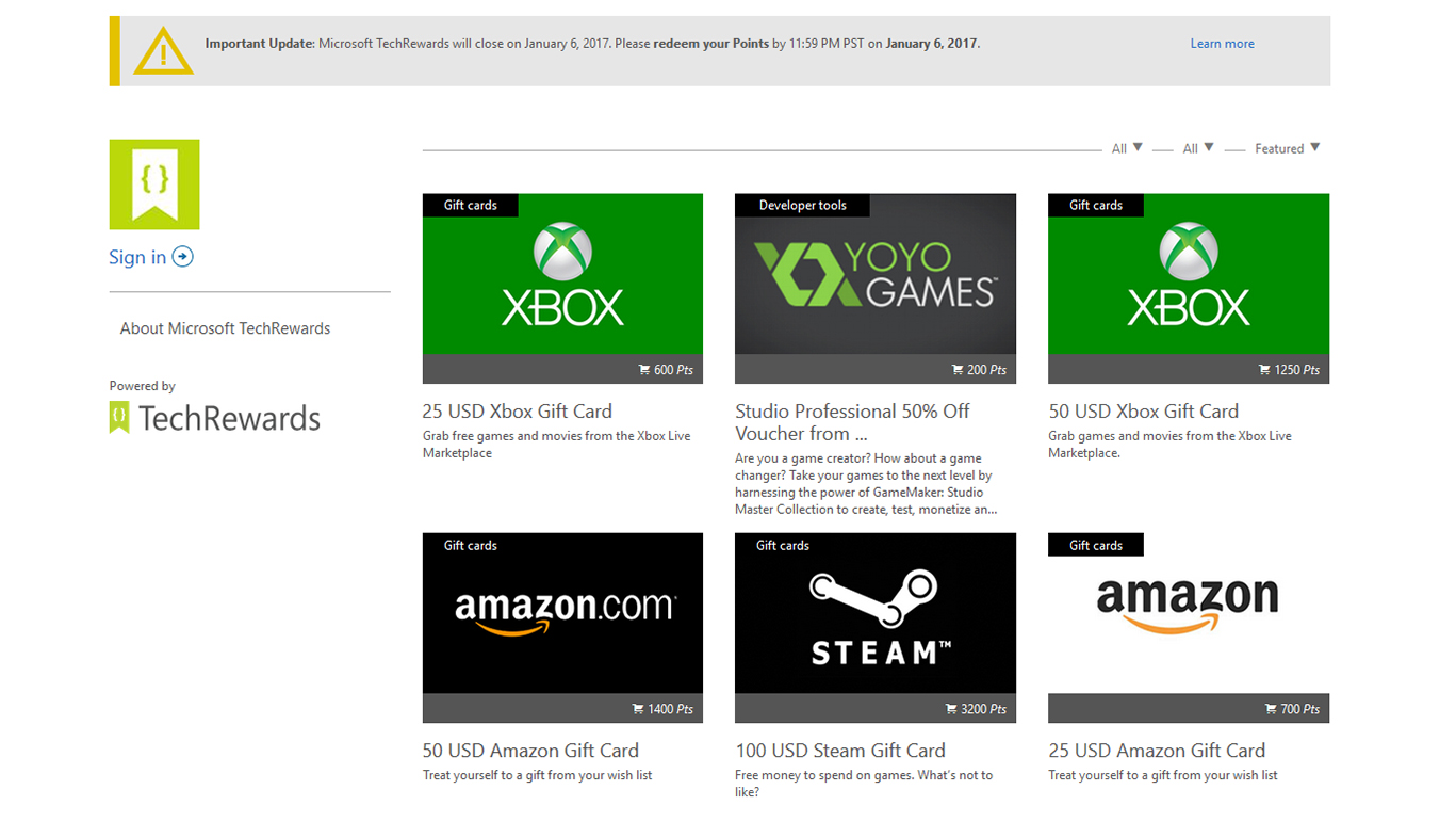 Microsoft TechRewards Web Page (2016)